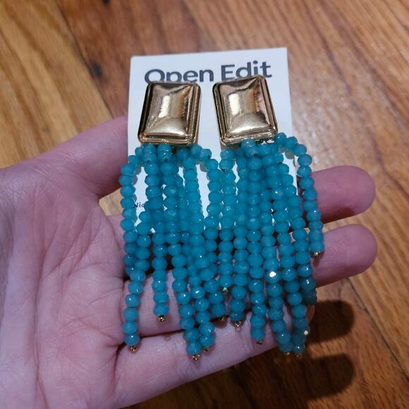 Open Edit @ Nordstrom Beaded Fringe Clip-On Earrings in Green-Gold - Picture 3 of 8
